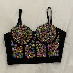 Embellished Rhinestone Black Bustier Top Small